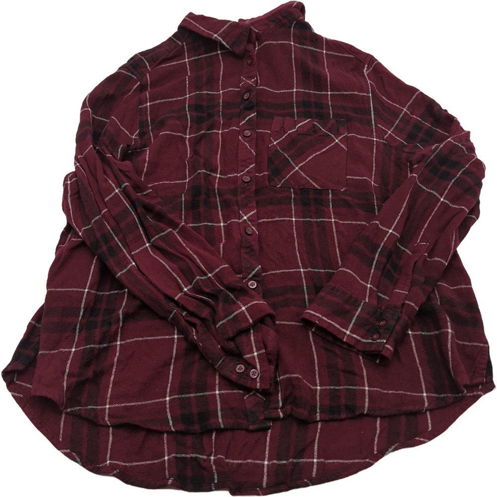 Arizona Jean Co Plaid Button Down Shirt Burgundy Black Boyfriend Fit 1X Plus